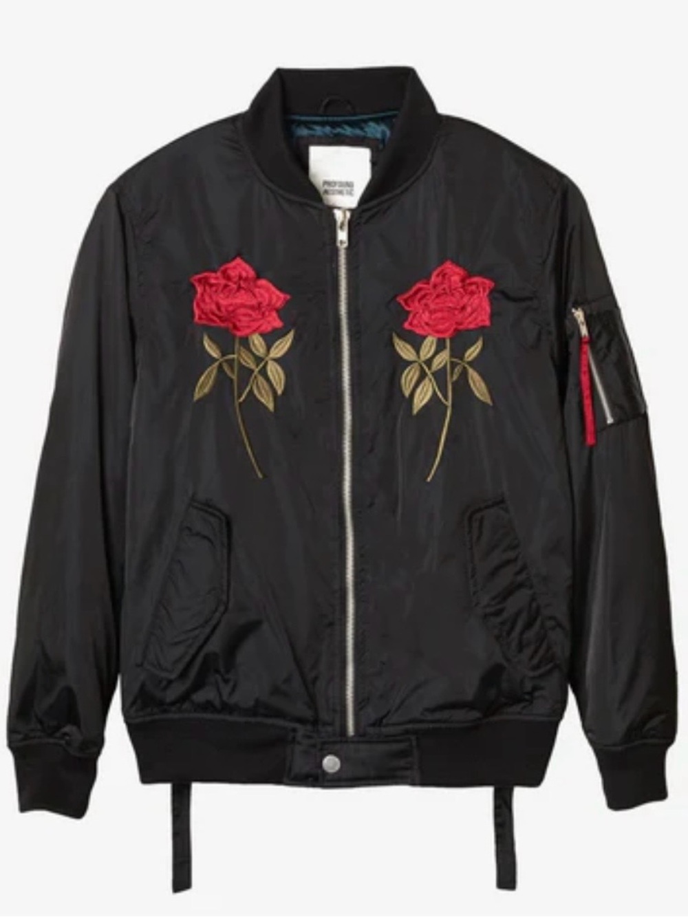Black Bomber Jacket with Red Rose Embroidery